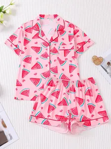 Women's Watermelon Print Lapel Neck Button Front Shirt & Elastic Waist Shorts Pyjama, Casual Comfy Short Sleeve Top & Shorts Pj Set, Ladies Sleepwear for Summer, Loungewear, Womenswear, Pajama Set