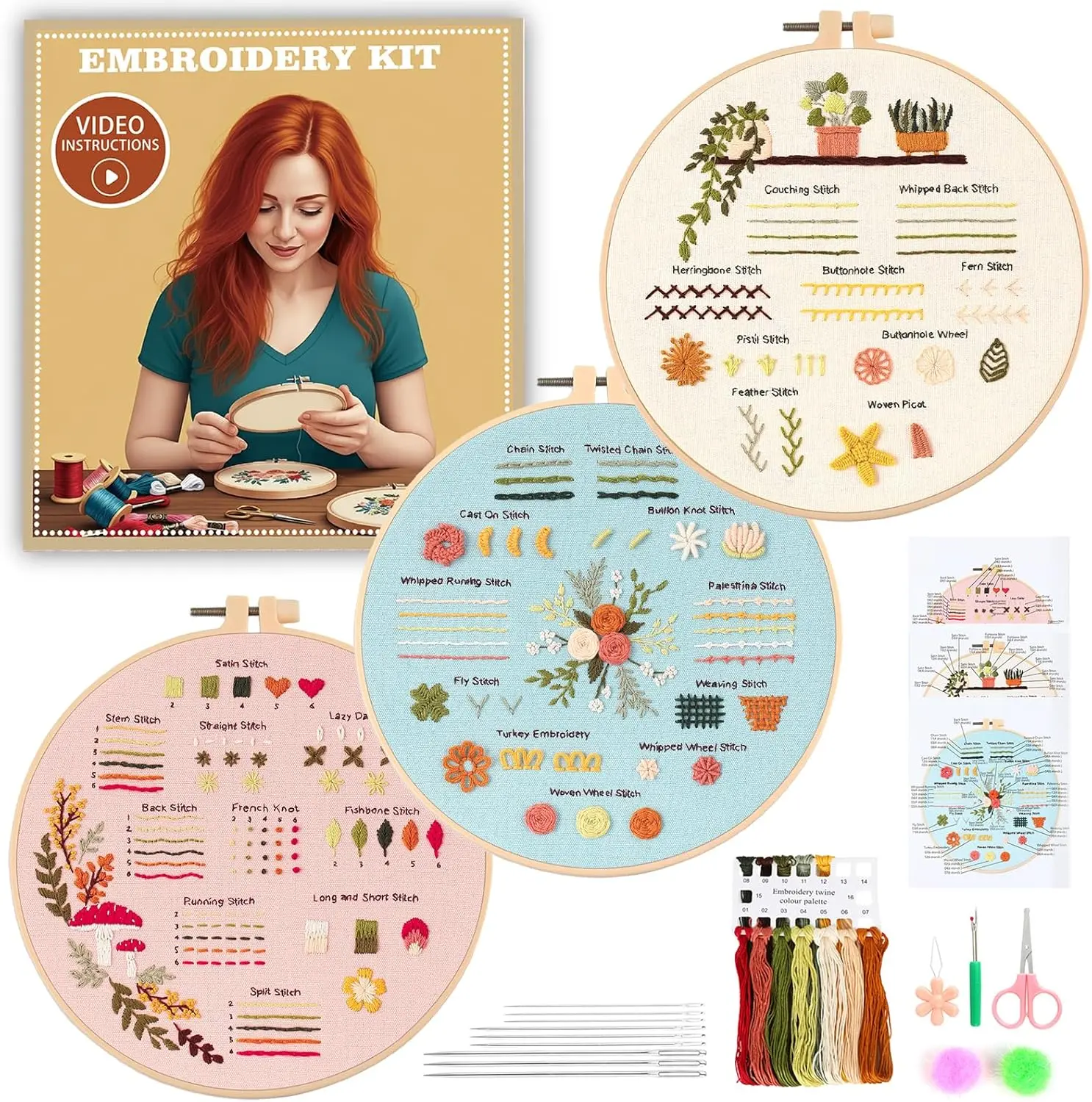 Beginner Embroidery Kit for Adults, 3 Pack Cross Stitch Kits with Pre-Printed Patterns, Threads, Needles, Learn Stitches with 7.8" Hoop, Video Tutorial, DIY Needlework Craft Gift for Women
