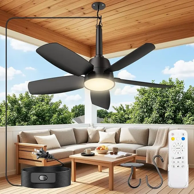 36 Inch Outdoor Ceiling Fan with Light, Plug-in Ceiling Fan for Patio Gazebo Porch, Remote Control, Dimmable LED, 6 Speeds, Reversible DC Motor, IP65 Waterproof Black summer Fan