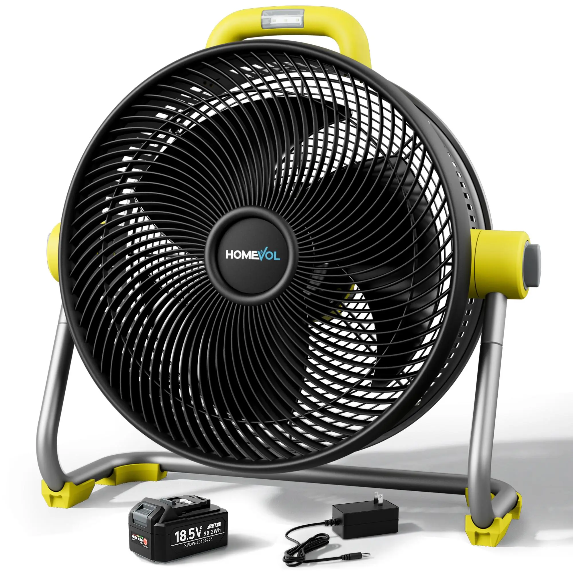 HOMEVOL 20-Inch Cordless High Velocity Floor Fan - 18.5V 5.2Ah Rechargeable 4000CFM Industrial Model (24.8x24.4"), 6-Speed, 180° Adjustable Tilt, Carry Handle, LED Light, Up to 30H, UL Listed, Garage-Ready Battery Powered Pedestal Fan for Beating the Heat