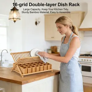 New Bamboo 16-Grid Double Layer Dish Drying Rack, Foldable Kitchen Counter Plate Holder with Utensil Storage, Space-Saving Collapsible Dish Drainer for Dishes, Bowls & Cups