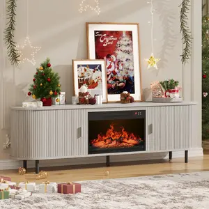 ONBRILL 70.8" Fluted Fireplace TV Stand with 23" Electric Fireplace Modern Chic Entertainment Center for TVs Up to 80 inches Wooden Curved Media Console with Sliding Doors for Living Room