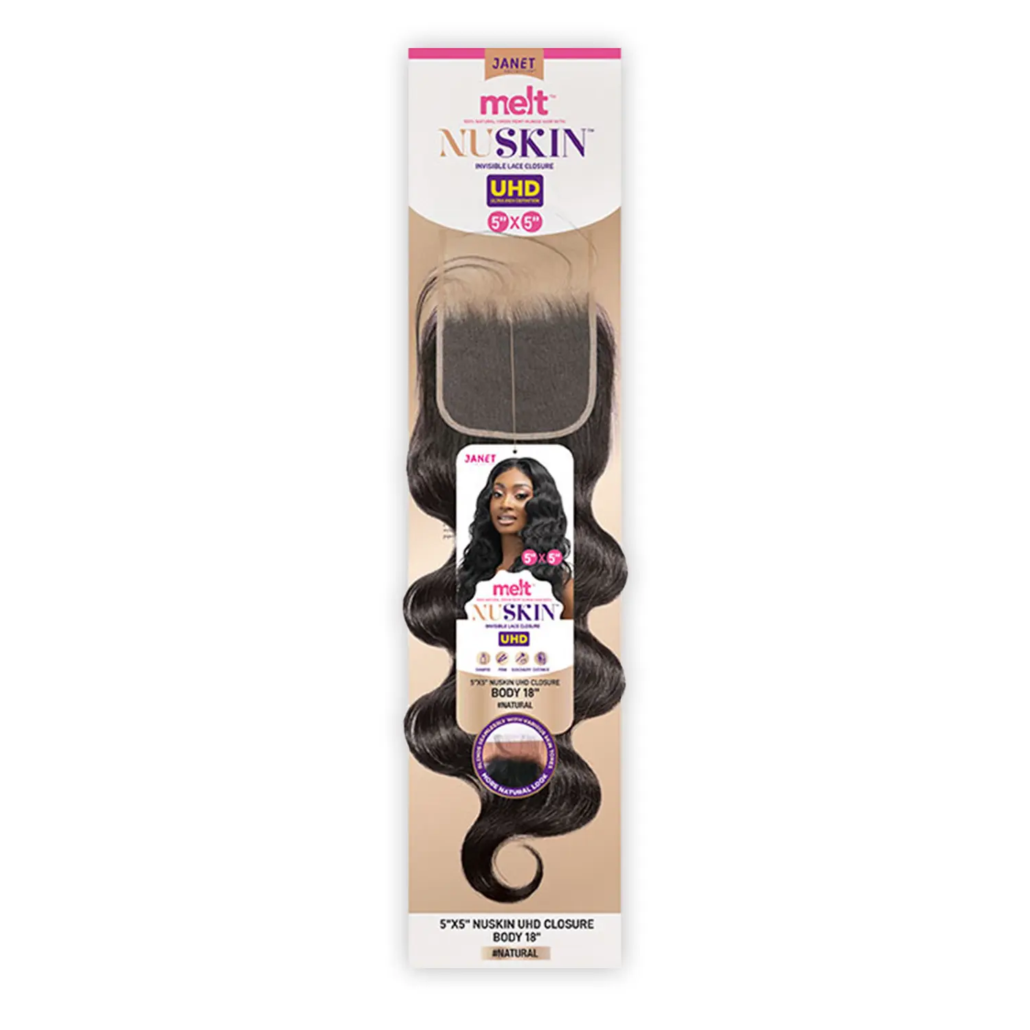 Janet Collection Melt Nuskin 4x5 UHD Lace Closure Front, 100% Virgin Remy Human Hair Body Wave, Pre-Plucked, Free-Parting (10"-14")