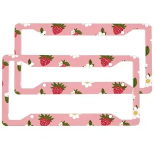 2pcs Pink Strawberry White Flower Leaves License Plate Frame Aluminum License Plate Holder Funny License Plate Decorative Fancy License Plate with Screws Size 12.2x6.3 Inch Men Women