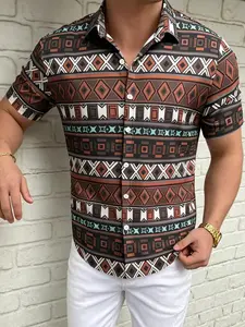 Men's Boho Tribal Geometric Print Short Sleeve Shirt, Aztec Ethnic Pattern Button Down Top, Slim Fit Casual Summer Shirt for Vacation, Street Style, Daily Commute, Lightweight Breathable #springsaledeals2026 #summeroutfits #fyp #menscasualwear