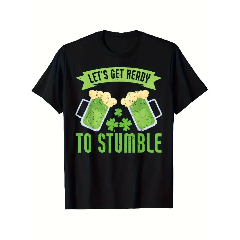 Men's Oversized Comfy Cotton Basic St Patrick's Day Graphic T-Shirt - Green & Black Round Neck Shortsleeve Tee with Beer Mugs & Clover Design, "Let's Get Ready to Stumble" Print, Casual Spring-Summer Top