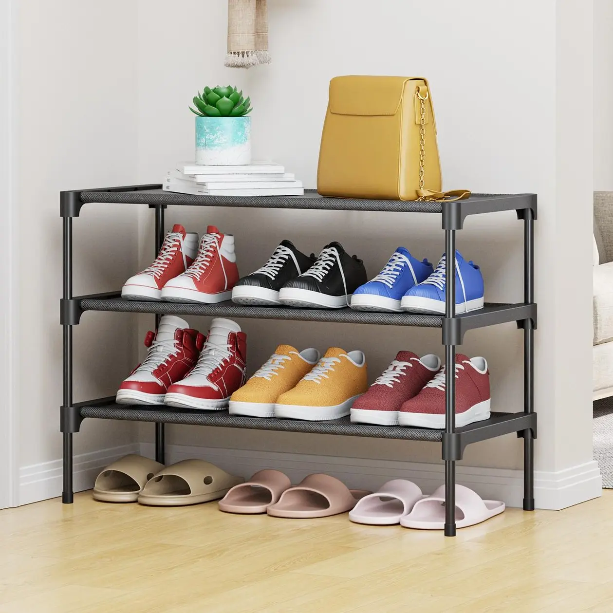 Kitsure 3-Tier Black Metal Shoe Rack Organizer,Waterproof Non-Woven Fabric Closet Storage, Anti-Rust Powder-Coated Shoe Storage for Entryway, Hallway Shoe Organizers Shoe Holder