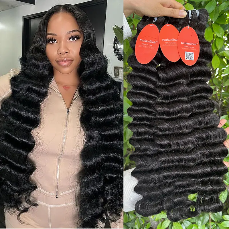 Karlami Raw Human Hair Bundles with 5x5 Closure, 12A Grade Deep Wave, 3-4 Bundles, Double Machine Weft, Full and Thick, Tangle Free, Minimal Shedding