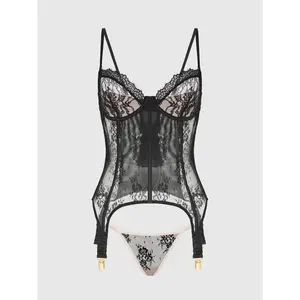 Floral LACE UNDERWIRE CORSET & G-STRING LINGERIE SET Adjustable Soft