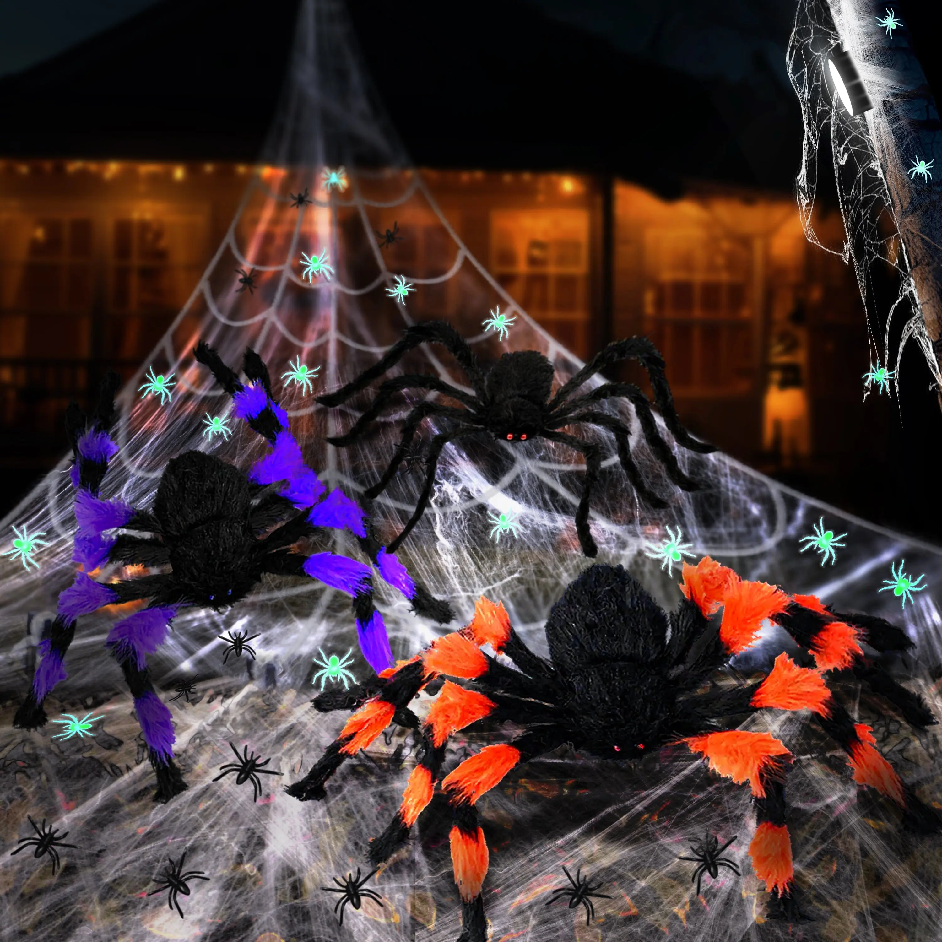 276-Inch Giant Halloween Spider Web Decoration Set with LED Light | 3 Large Spooky Spiders (50”, 20”, 12”) & 20 Glow-in-the-Dark Spiders | Outdoor Cobweb Kit for Yard, Lawn & Home kid halloween
