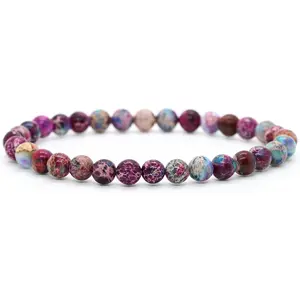 Angelstones Natural Purple Blue Sea Sediment Jasper Gemstone 6mm Round Beads Stretch Bracelet 7" Unisex