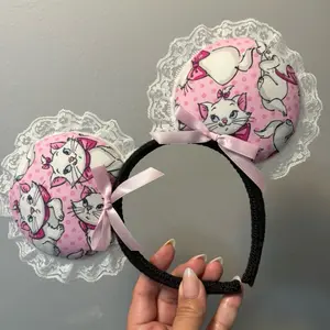 BestEarsAround White & Pink Lace Mouse Ears Elegant Handmade Headband with Satin Bow Accents for Theme Parks Cosplay & Gifts