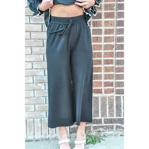 Carmen Capri Sweater Pants Casual Fabric Knit Soft Women's Wear Adjustable Black Fitted Bottom Elastic Nylon Basic Minimalist Style All Seasons Womenswear