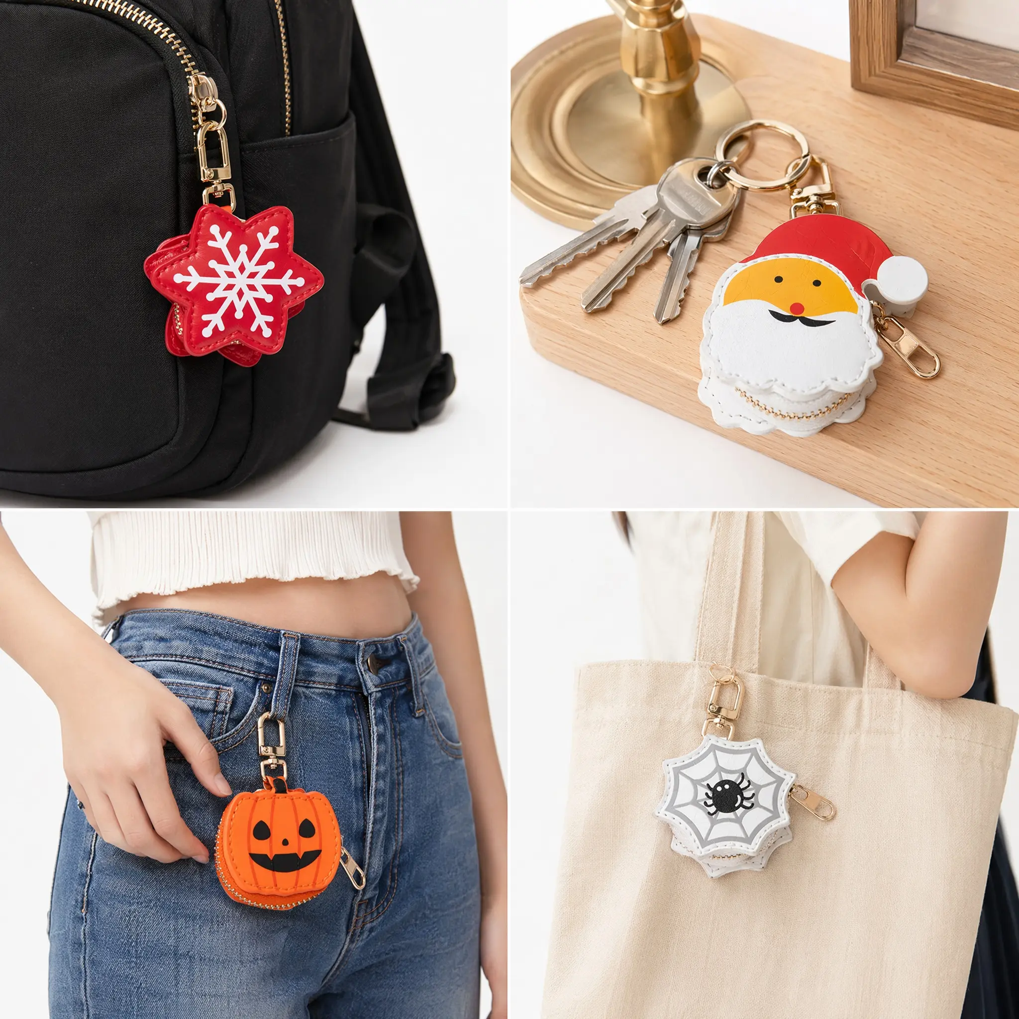 Keychain, Cute Pumpkin Pendant, Mini Spider Web & Christmas Santa Keychain, Snowflake Design, Holiday Themed Bag Charms, Halloween Gothic, Perfect Gift - MM2