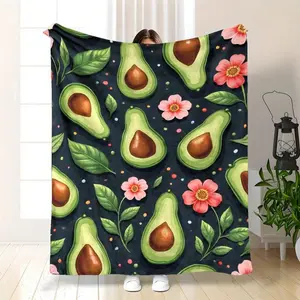 1pc Cute Themed Avocado Floral Flannel Blanket |  , Versatile Warm Bedspread, Decorative Bedroom Shawl, All Seasons, Suitable Couch And Car Use, Single Or Double Dorm, Multiple Sizes