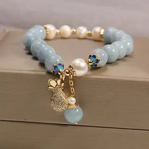 Natural Stone Sea Blue Sapphire Bracelet for Women, Elegant Unique Design, New Chinese Style, Daily Wear, Gift for Friends and Sisters