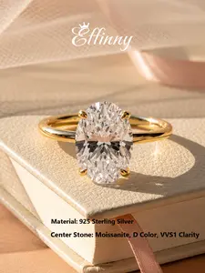 Effinny Female 3.0 Carat Excellent Oval Cut Elongated Solitaire Synthetic Moissanite Engagement Ring - 925 Sterling Base, 14K Yellow Gold Plated, D Color VVS1 Promise Jewelry for Women, Wedding