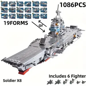 1086pcs Aircraft Carrier Military Model Toy Fighter Jet Warship Building Block Toy Set Includes 8 Soldiers Perfect Collection and Holiday Gift
