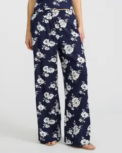 Express High Waisted Linen-Blend Floral Pull On Wide Leg Pant