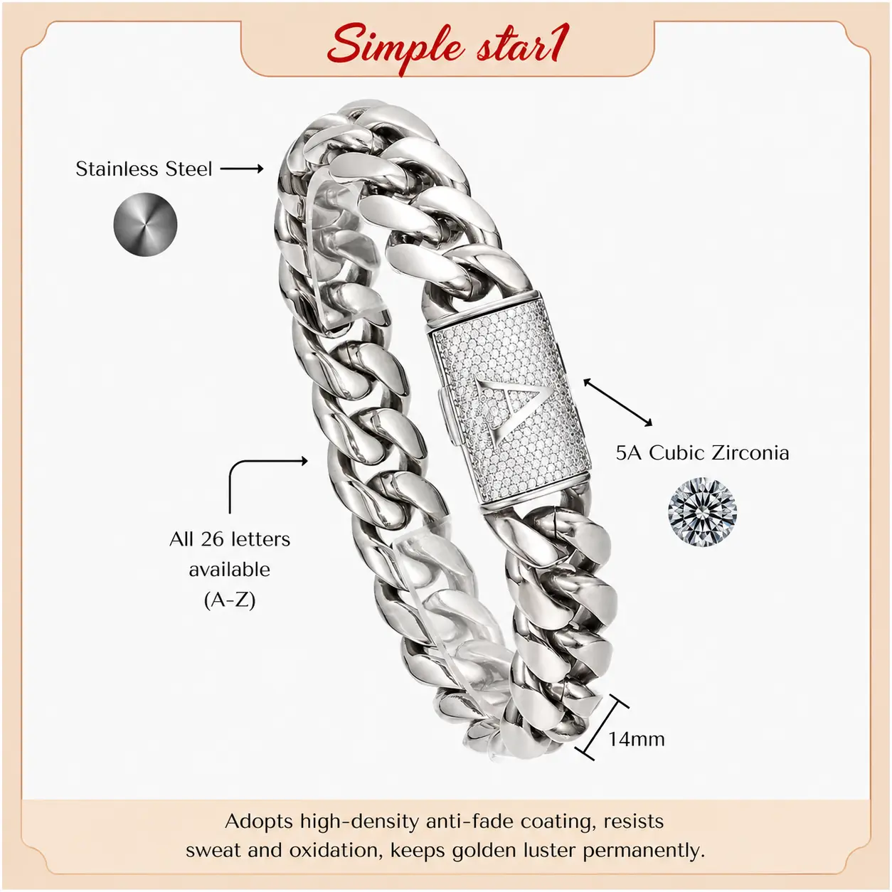 Personalized Silver Cuban Link Bracelet, 14MM Heavy Cuban Chain Bracelet with A-Z Initial Lock with Zircon  Men's Accessories, Beach Essentials, Chains for Men, Stainless Steel Hip HopFashion, Waterproof Anti Tarnish   Acrylic Mini   permanent  bracelet