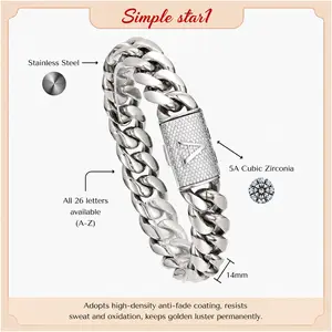 Personalized Silver Cuban Link Bracelet, 14MM Heavy Miami Cuban Chain Bracelet with A–Z Initial Lock and 5A CZ Stones, Stainless Steel Hip Hop Street Fashion Jewelry, Waterproof Anti Tarnish Bracelet for Men Women Couples