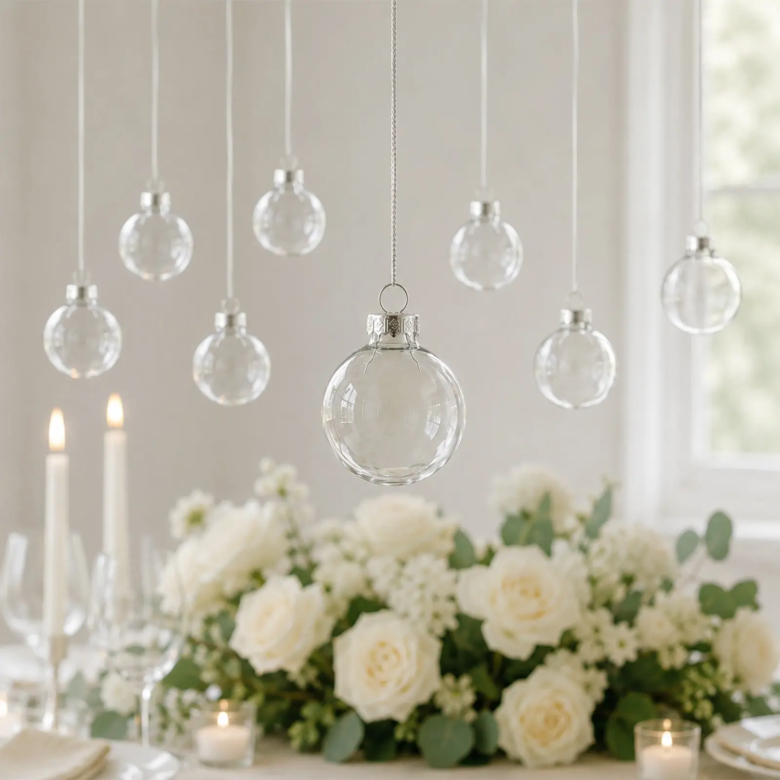 8 Pack 3" Clear Glass Hanging Ornament Balls, Fillable Round Baubles with Removable Silver Caps for DIY Crafts, Weddings, and Holidays