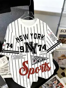 New York Theme Striped Sporty T-Shirt, Unisex Casual Short Sleeve Top, Fitted Graphic Tee for All Seasons, H-Type Silhouette, Man Streetwear