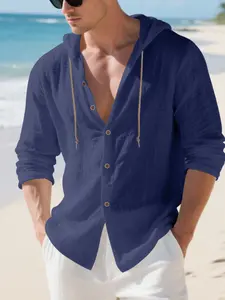 Men's Linen Hooded Long Sleeve Shirt, Summer & Spring Fashion, European & American Style, Casual Beach Open Front Cardigan