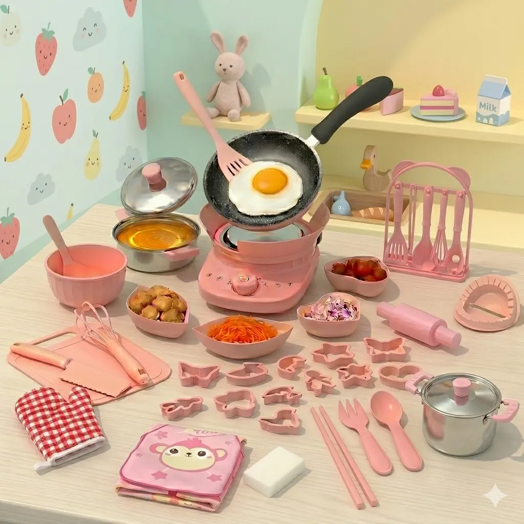 42 Pieces Kids Real Mini Cooking Set, Complete Kids Kitchen Tools Kit with Working Stove Burner & Safe Kids Knife, Montessori Pretend Real Cooking Toy Gift for Boys and Girls 8-12 Years Old, Pink