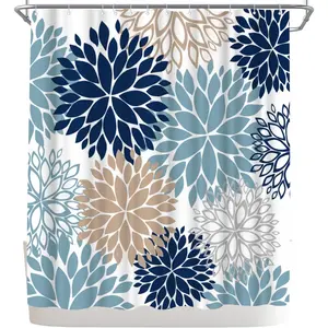 Blue Shower Curtain Dahlia Flower Print Polyester Shower Curtain Bathroom Decor, 72x72inch (deep Blue,tan,Grey,White)