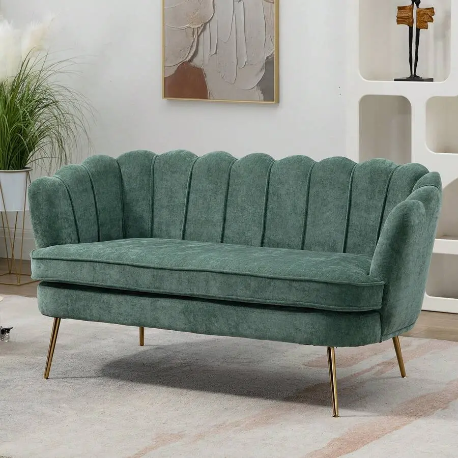 59" Wide Boucle/Chenille Upholstered Petal-Shaped 2-Seat Loveseat Sofa - Sturdy Modern Furniture with Gold Metal Legs, Comfy Couch for Bedroom, Coffee Spot, Easy Assembly Required (Mini Room & Apartment Friendly)