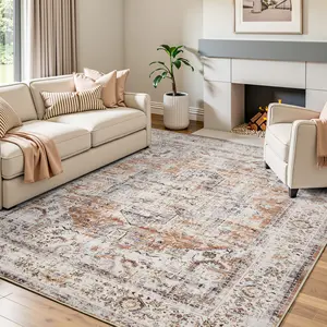MontVoo Distressed Vintage Machine Washable Area Rug, TPR Non-Slip Backing & Easy to Vacuum Carpet for Living Room, Bedroom & Kitchen, Traditional Style, Soft Low-Pile Rug, Home Decor