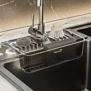 Suction Cup Sink Storage Rack, Space Saving Pool Organizer with Sponge Soap Brush Drain System, Kitchen and Bathroom Holder