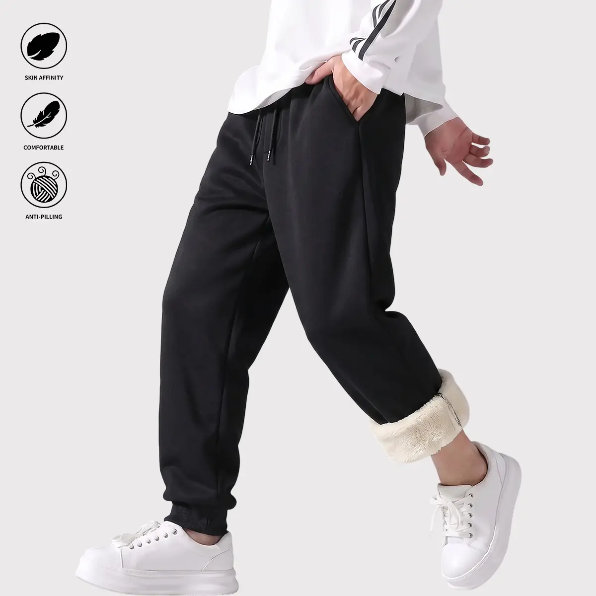 Men's solid fleece-lined lounge pants, straight-leg with drawstring waist and side pockets, perfect for freezing mornings, office commutes, or weekend Netflix sessions – made of durable polyester with soft sherpa inner lining – stay toasty