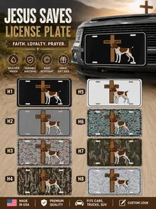 Jesus Saves Dog License Plate Christian Hunting Dog Camo Vanity Plate Custom Pointer Dog Cross Car Tag Personalized Religious Auto Decor Faith Based Gift for Hunter Men Women Truck SUV Front Plate