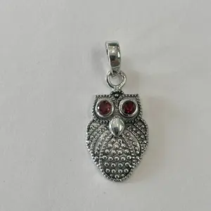 Sterling Silver 925 Owl Pendant Red Garnet Plain Jewelry