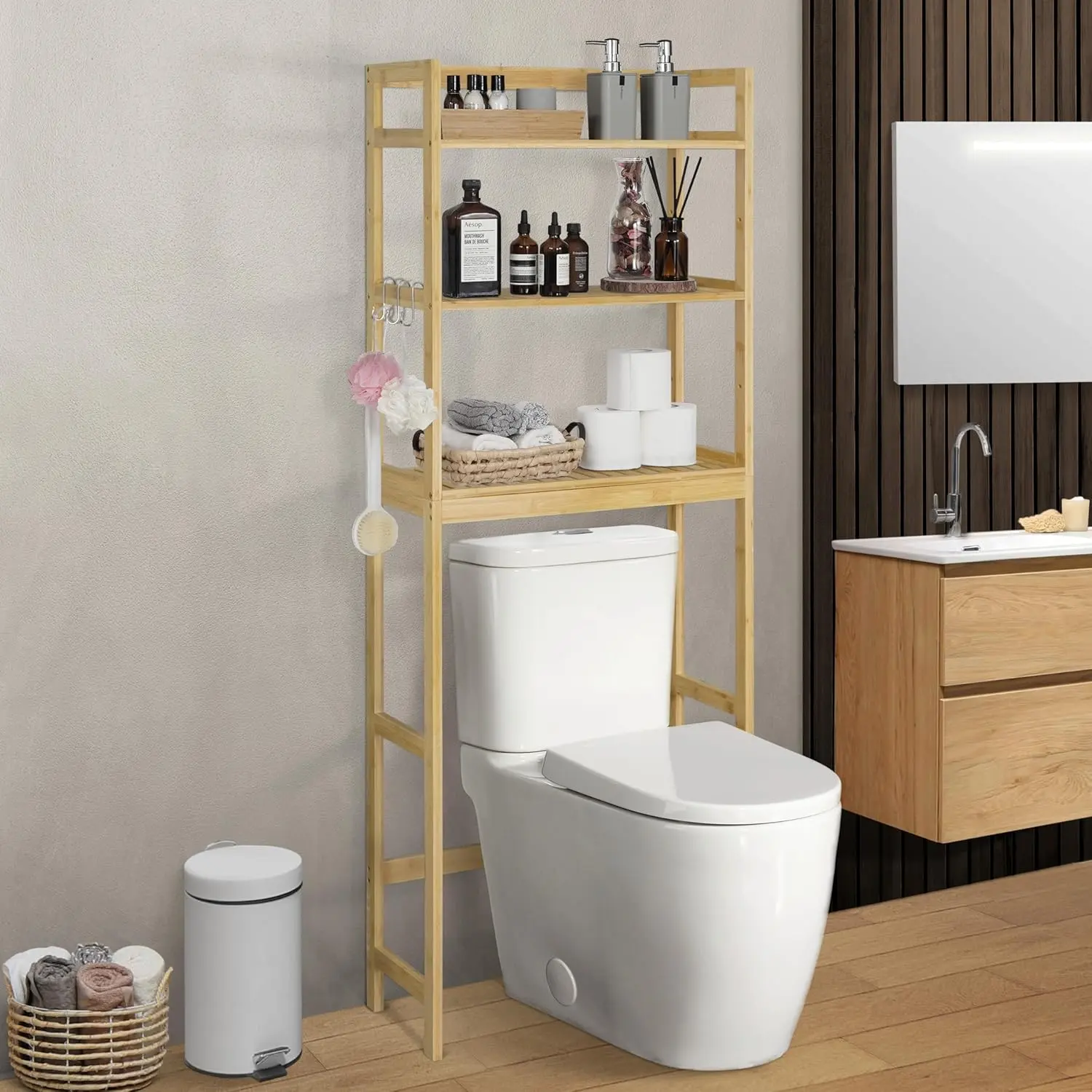 CAPHAUS Bamboo Over The Toilet Storage, Behind Toilet Bathroom Shelf Rack with Hooks & Adjustable Feet, 24-Inch Freestanding Toilet Shelf, Bathroom & Laundry Organizer, Balcony Plant Stand, Natural/White/Black