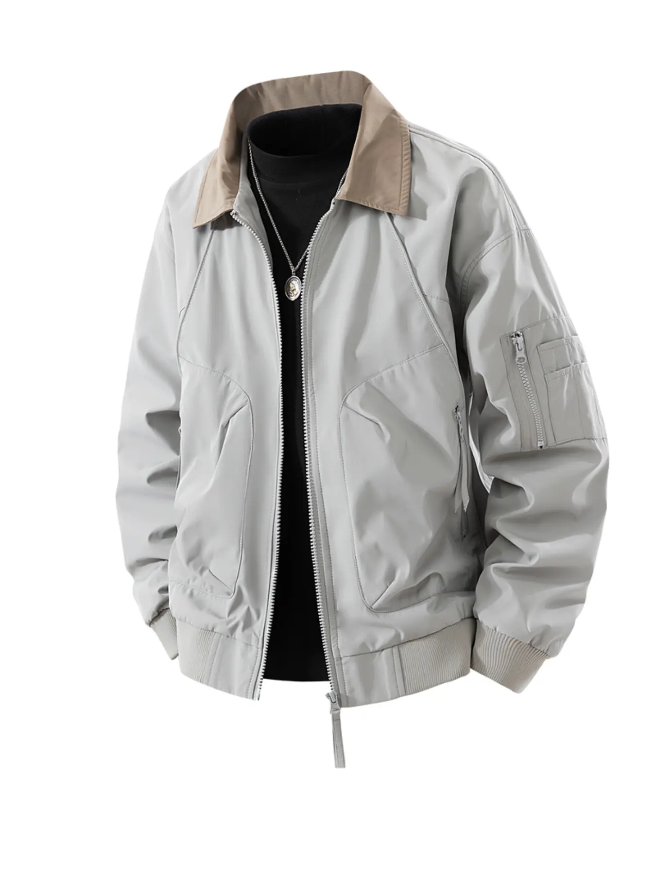 Men's Lightweight Jacket Casual Motorcycle Style Outerwear, Colorblock Stand Collar Multiple Zipper Pockets Golf Windproof Coat