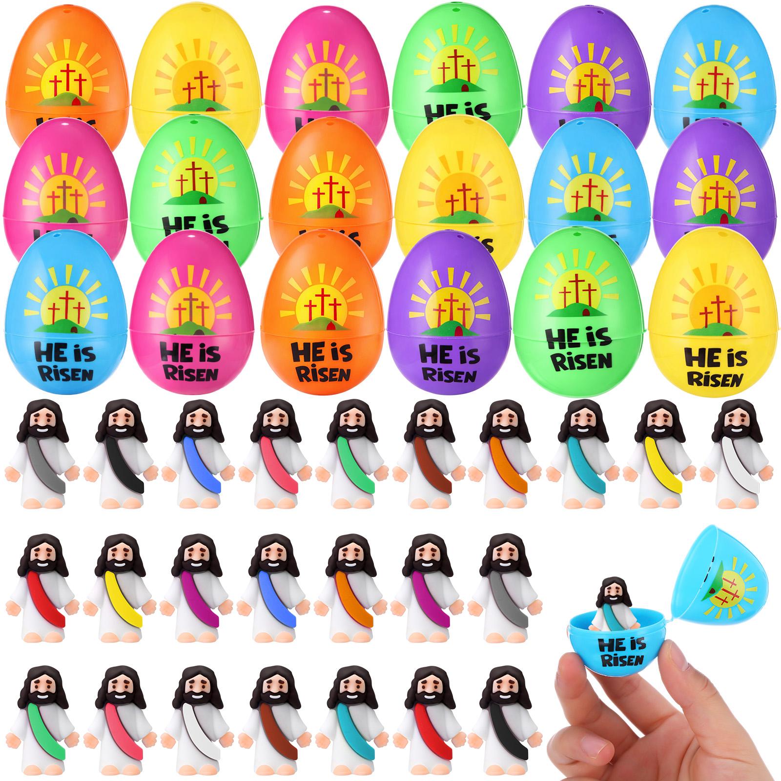 12set/24set/30set/36set/48set/50set/60set Prefilled Easter Eggs with Mini Jesus Figures for Easter Egg Hunt Basket Stuffers Fillers He Is Risen Easter Eggs Filled with Mini Jesus Figures for Boys Girls Outdoor Play Classroom Prize Easter Party Favors