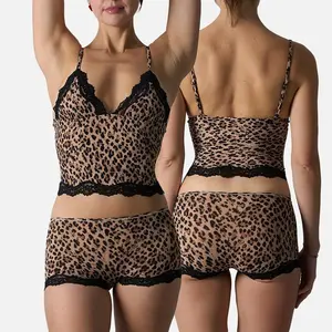 Lunaclo Women’s Sexy Leopard Print Lace Cami & Shorts Set  Sleepwear Soft Stretch Spaghetti Strap Pajama Set Breathable Slim Fit Loungewear for Summer Nightwear & Lounge