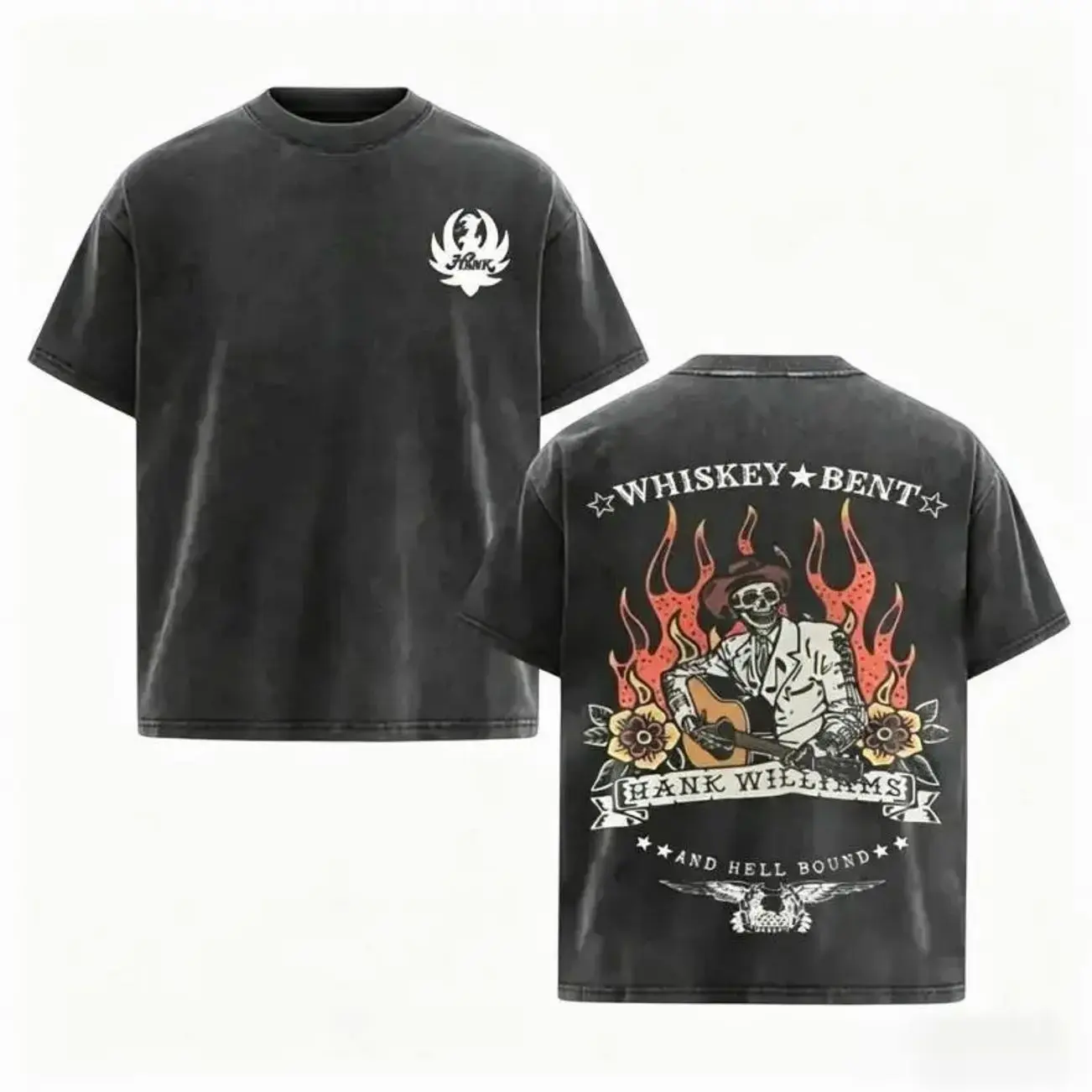 Women's Classic Cotton Shortleeve Round Neck Casual Polyester Seamless Top - Hank Williams Whiskey Bent Washed Tee, Retro Cowboy Skeleton Graphic for Outlaw Country Fans P67