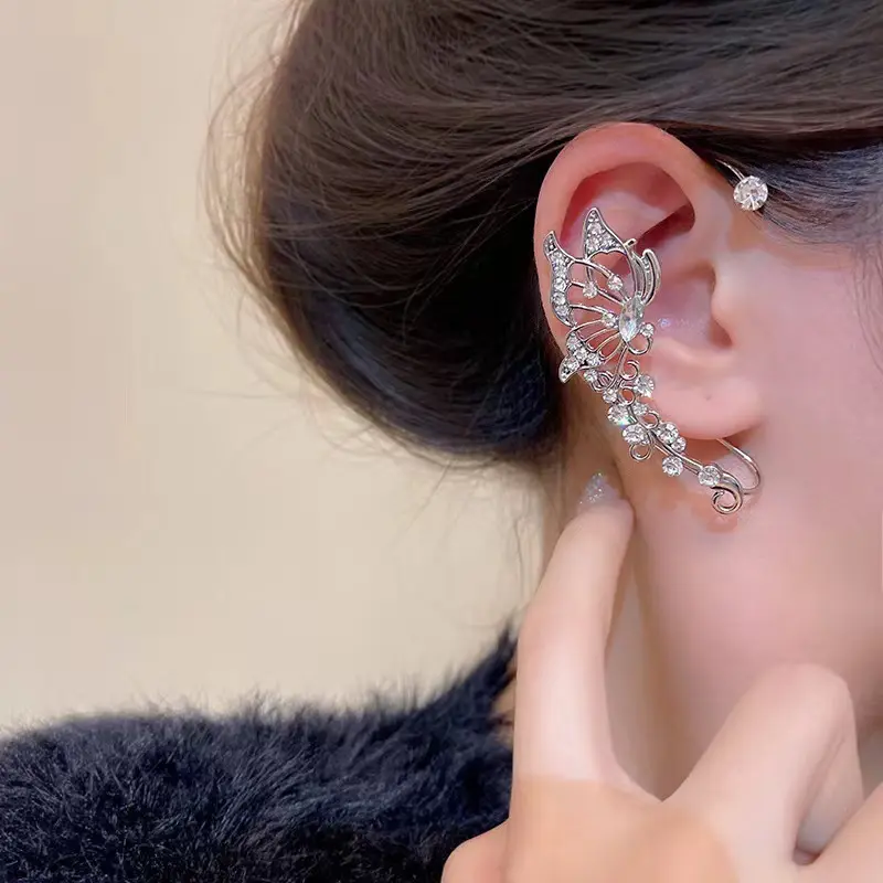 2pcs Sparkling Butterfly Fairy Wing Ear Cuffs - Hypoallergenic Copper, No-Pierce December Birthstone Synthetic Stones, Special Occasion Jewelry