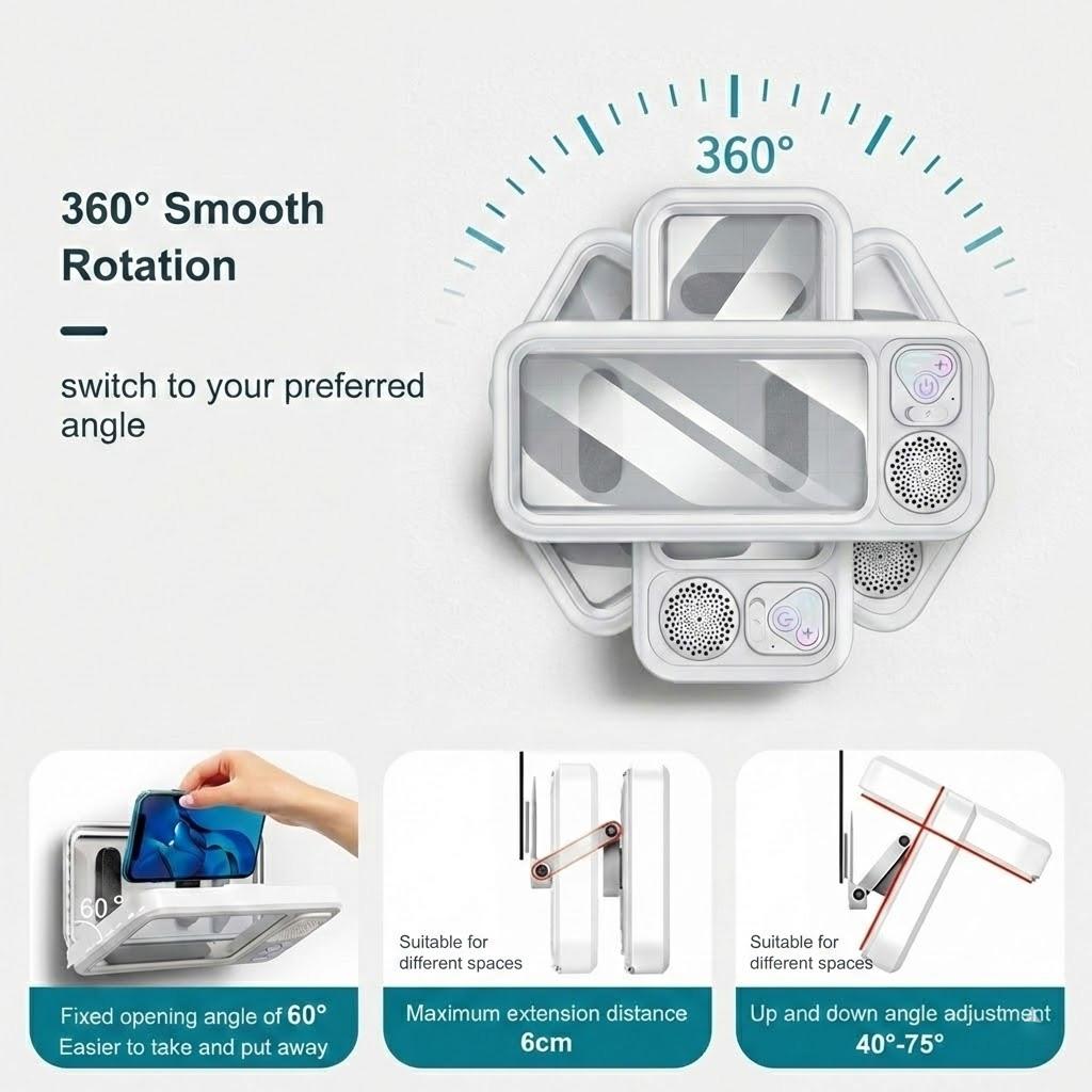 Waterproof Shower Phone Holder with Bluetooth Speaker, 360° Rotatable Wall Mount Phone Case with Touch Screen, IPX7 Waterproof Bathroom Phone Stand for Shower