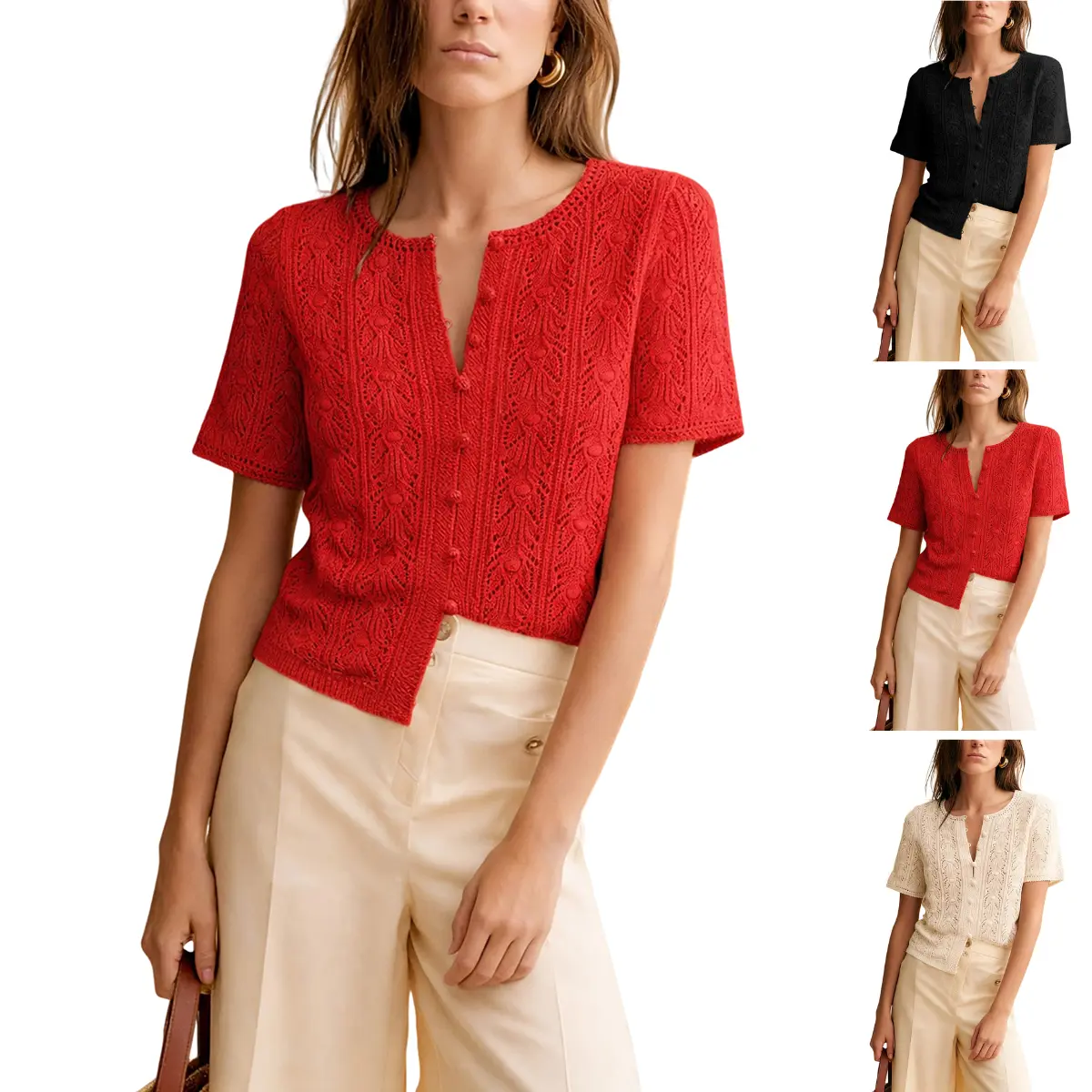 SCUSTY Womens Hollow Out Crochet Knit Cardigan Short Sleeve 100% Cotton Lightweight Button Front Casual Cropped Sweater Tops