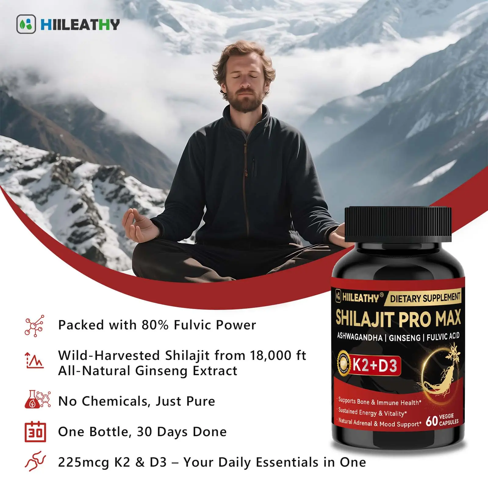 HIILEATHY | Optimal Shilajit PRO MAX with K2 & D3 - 60 Capsules - Premium Fulvic Acid & 84+ Minerals for Immune Support, Energy & Anti-Aging - USA Mad