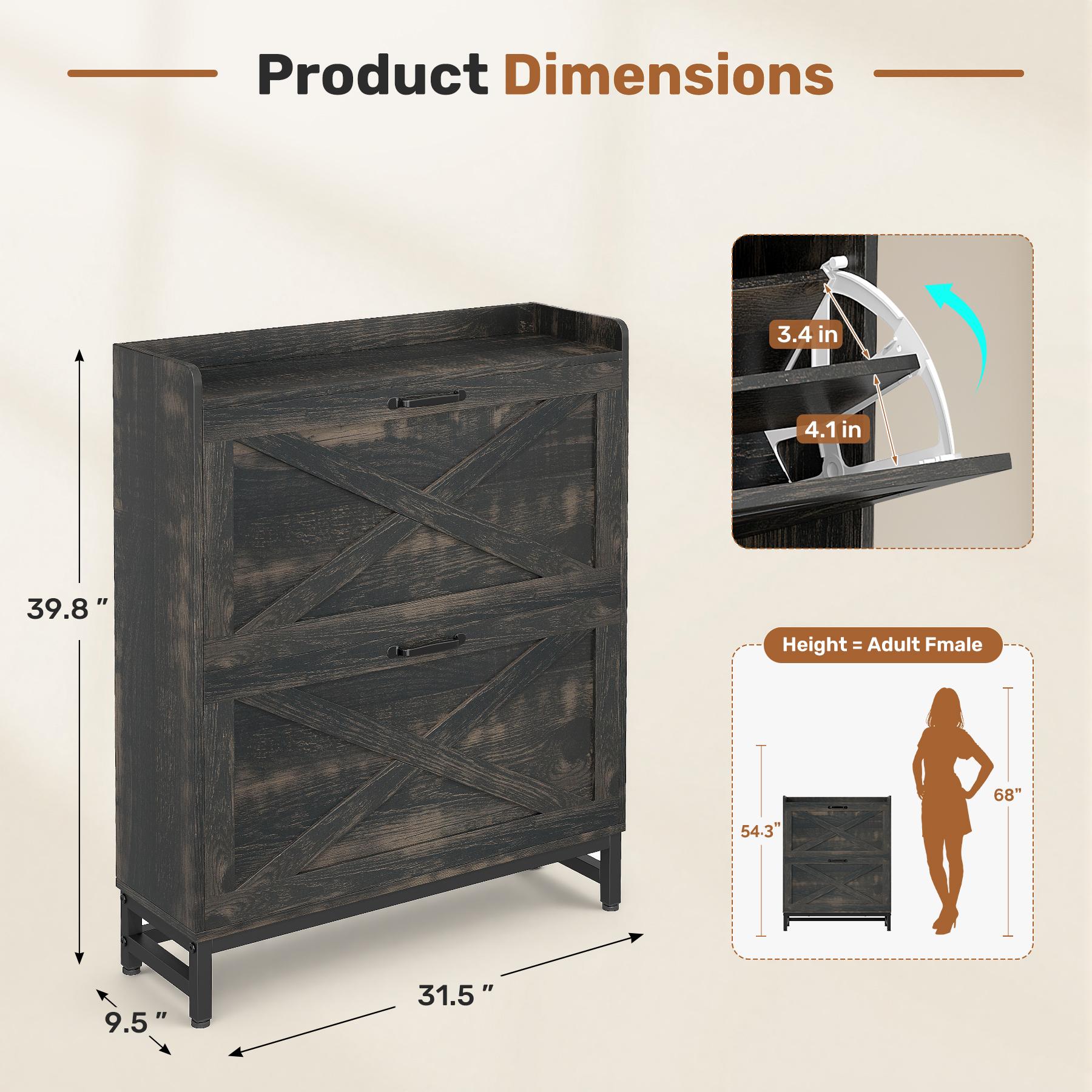 Shoe Cabinet with 2 Flip Drawers Narrow Storage Organizer for Entryway Hallway E1 Grade Board Adjustable Shelves Metal Frame Handle