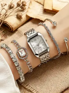 5pcs Set, Women's Fashion Luxury Business Silver Steel Band Watch, Alloy Material, Alloy Bracelet Set, Suitable For Daily Wear, Watch & Bracelet Set, Gift For Women