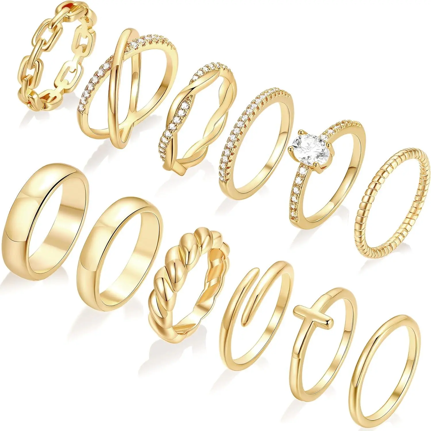 NBB3 12 PCS Dainty 14K Gold Rings for Women, Eternity Open Chunky Twist Simulated Diamond Criss Cross Designs, Non Tarnish Gold Plated Stacking Thumb Ring, Perfect for Wedding Bands Size 5-11