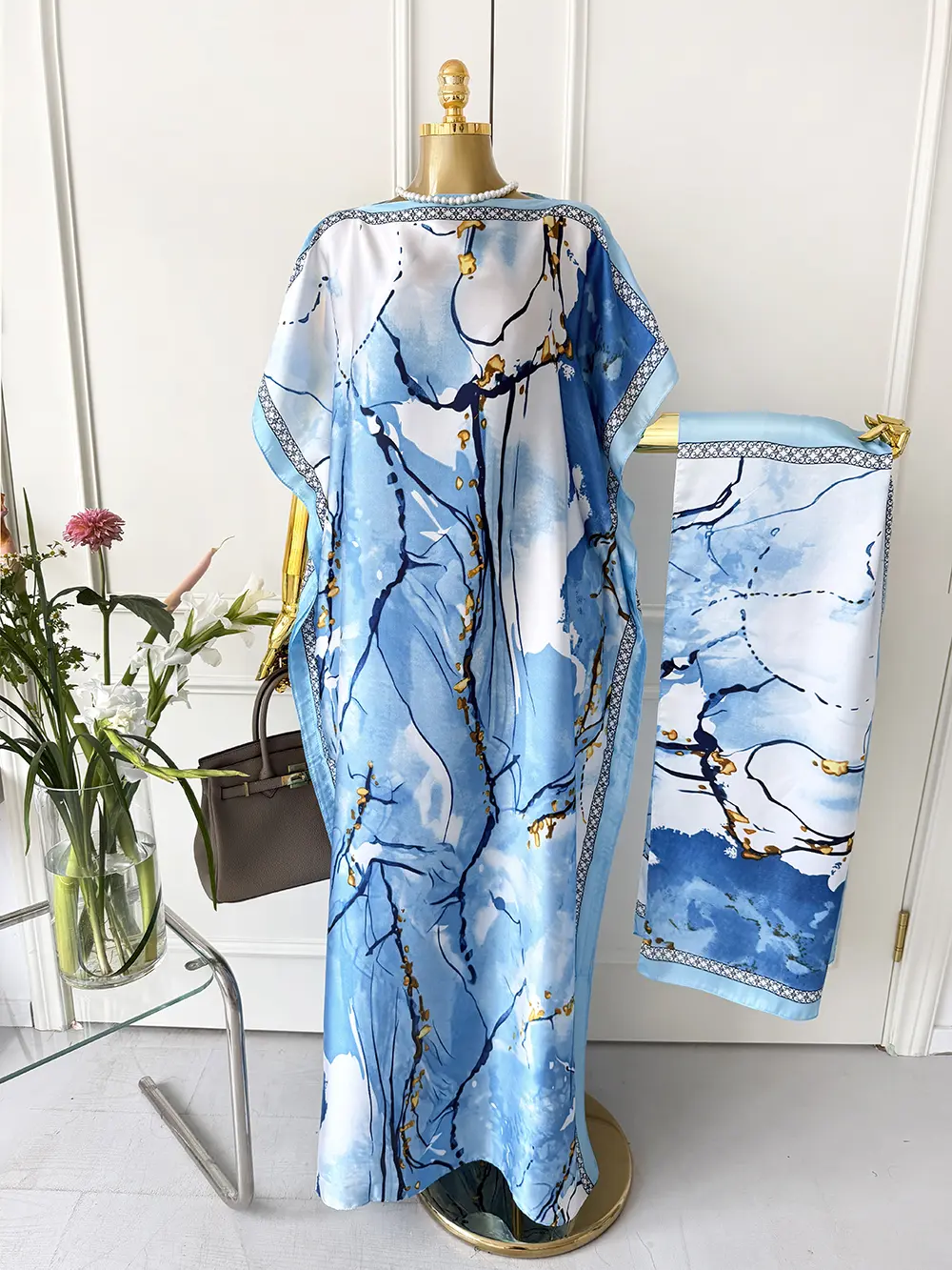 Women's Silky Fabric 2-Piece Floral Print Lightweight Long-Sleeved Boho Loungewear Dress & Scarf Set, Casual Wear for Beach Vacation, All-Season Ladies Clothes