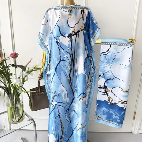 Ladies' 2-Piece Boho Loungewear Set - Soft Silky Breathable Fabric Batwing Long-Sleeved Floral Print Women's Dress, Matching Stitch-Detail Drape Bohemian Scarf for Female Casual Beach Vacation Wear,fzp-14